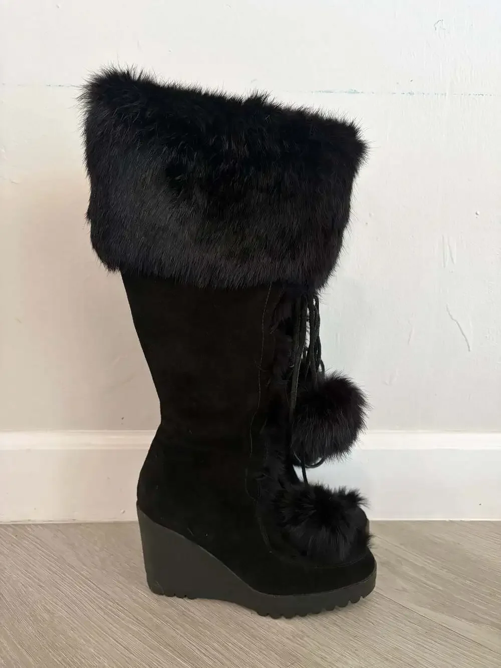 Coach Karita Black Suede Rabbit Fur Trim Wedge Boots